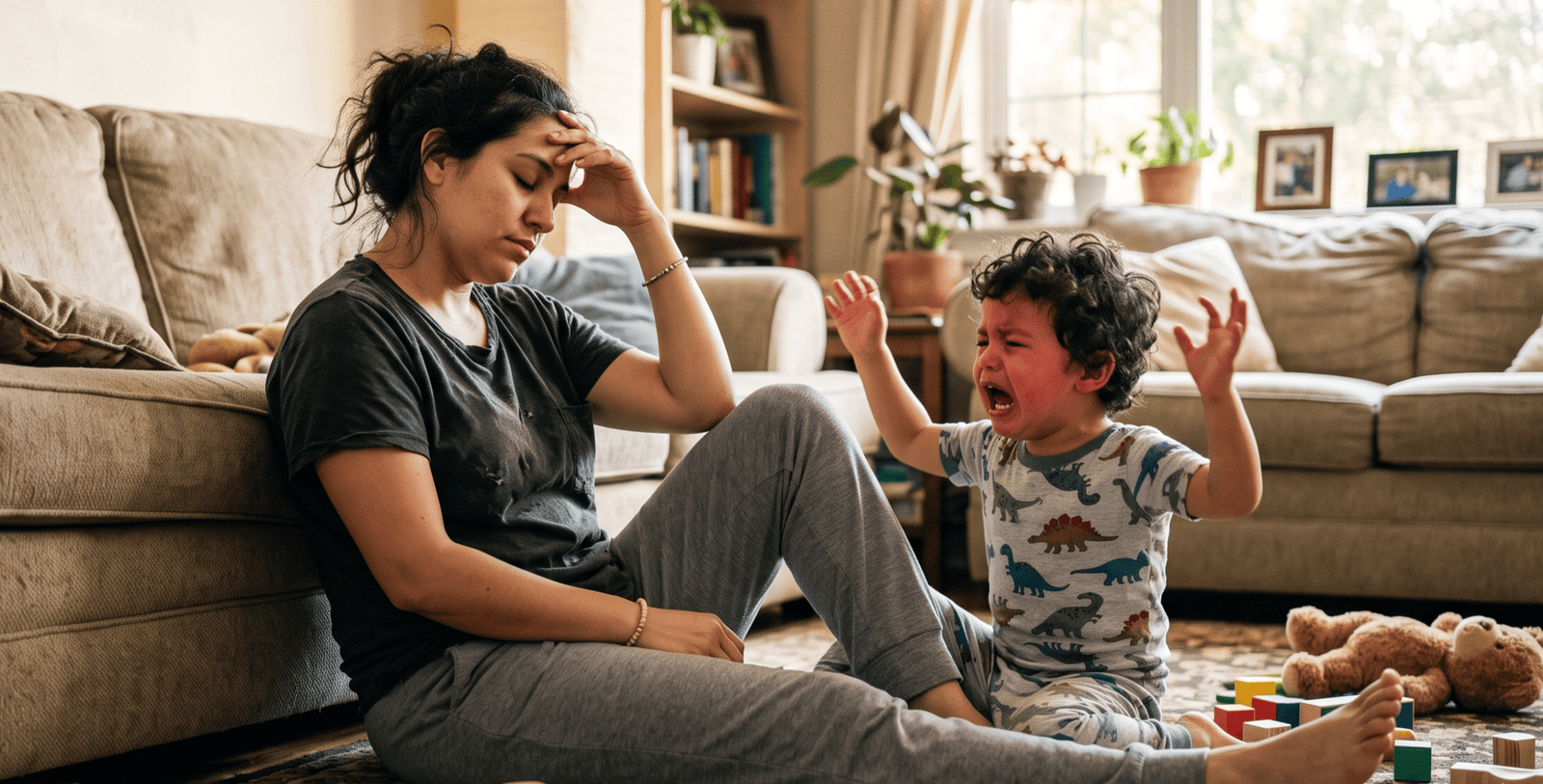 Madre agotada junto a su hijo